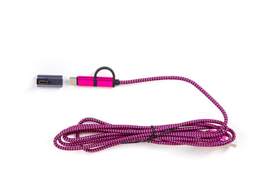 Pink patterened USB cord with a black sideways adaptor