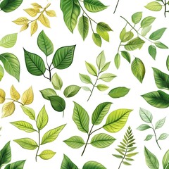 Lush Botanical Leaves Seamless Pattern on Clean White Background