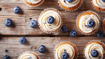 Obraz premium Top-Down View of Carrot Cupcakes with Blueberries and Cream Cheese Frosting on Rustic Wooden Surface
