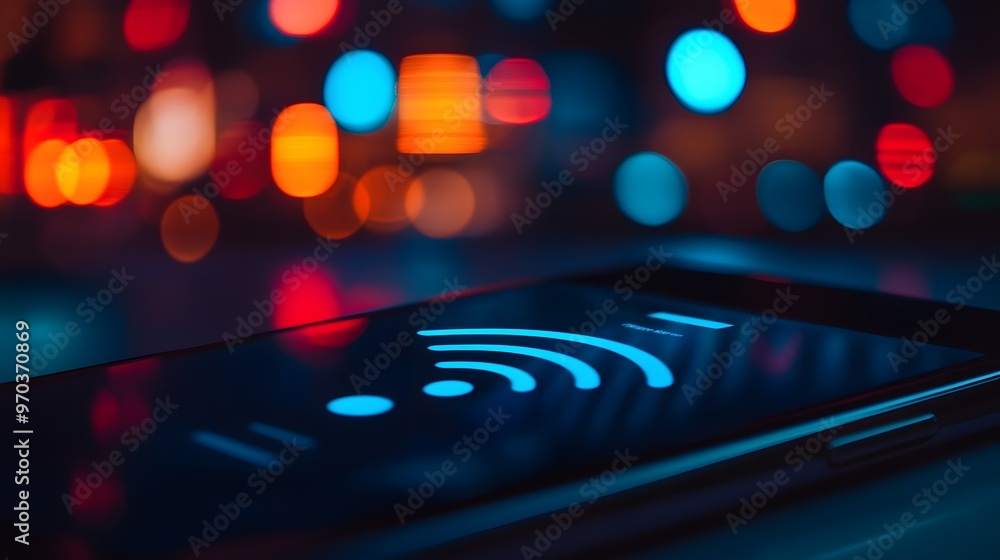 Poster smartphone with wifi signal in bokeh lights