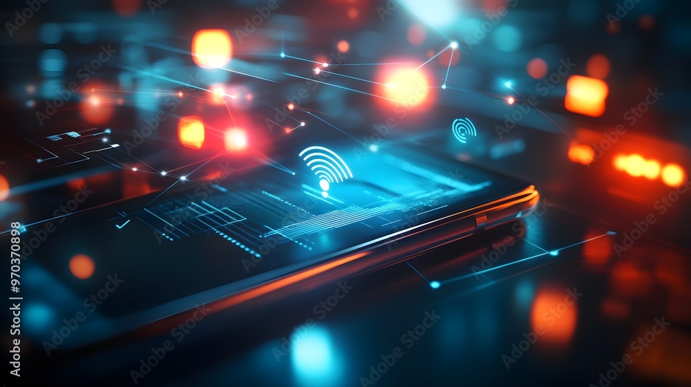 Aufkleber smartphone with wifi signal network connection abstract background