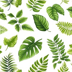 Seamless Pattern with Vibrant and Fresh Assorted Green Leaves on White Background