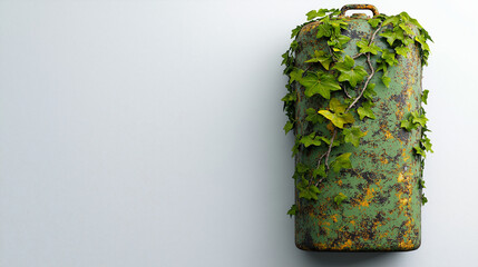 An isolated illustration of weathered fuel canister covered in vibrant green ivy, showcasing natures reclaiming of man made objects. contrast between rust and lush foliage evokes sense of resilience a