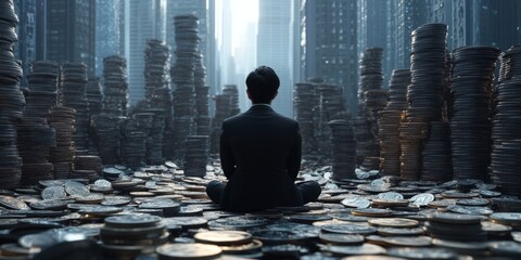 Ambitious Asian-American Financier Atop Wealth Mountain: Striking Visual Metaphor of Economic Power and Crisis. Professional Portrait Capturing Financial District Skyline Built from Coins, Perfect for