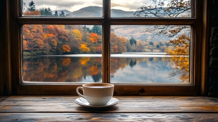 Autumn Lake View with Coffee Cup on Windowsill