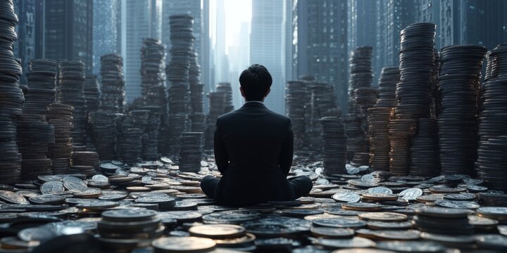 Ambitious Asian-American Financier Atop Wealth Mountain: Striking Visual Metaphor of Economic Power and Crisis. Professional Portrait Capturing Financial District Skyline Built from Coins, Perfect for