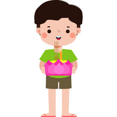 loy krathong festival kid traditional costume and krathong cutye cartoon character flat illustration
