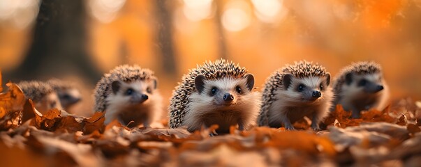 Obraz premium Adorable Hedgehog Family in Autumn Leaves
