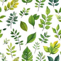 Seamless Pattern with Various Vibrant Green Leaves on White Background