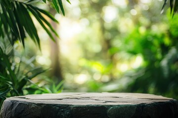 Stone tabletop podium floor in outdoors tropical garden forest blurred green leaf plant nature background.Natural product placement pedestal stand display,jungle paradise concept, ai