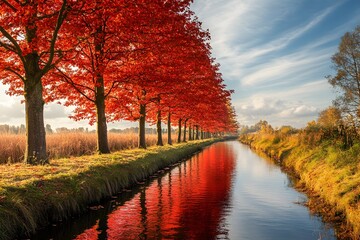Obraz premium Autumn Trees Reflected in Calm Canal Water