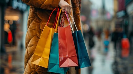 Obraz premium Close-up of woman's hand holding multiple shopping bags while walking on a busy city street, perfect for e-commerce advertising, fashion retail promotions, and urban lifestyle marketing concepts featu