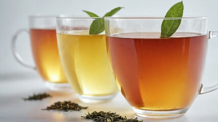 Three glass cups tea white surface are filled A row of four