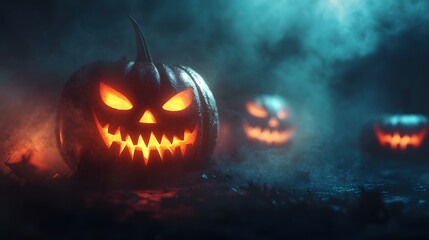 Halloween Jack o Lantern Pumpkin with Glowing Eyes in Spooky Fog