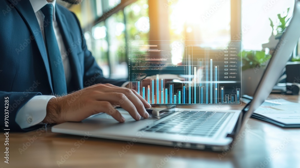 Poster businessman analyzing data and charts on laptop computer