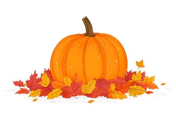 Naklejka premium Autumn Pumpkin with Falling Leaves Illustration