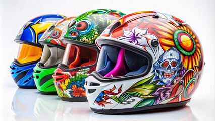 Vibrant helmet decals showcase bold designs and graphics, bold lettering stands out against a crisp white background,