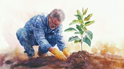 A gardener nurturing a young plant in rich soil, symbolizing growth and environmental responsibility.