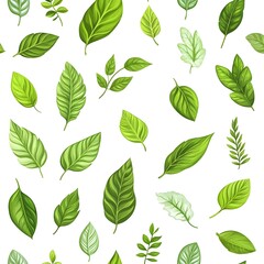Seamless Pattern with Diverse and Lush Green Leaves on White Background