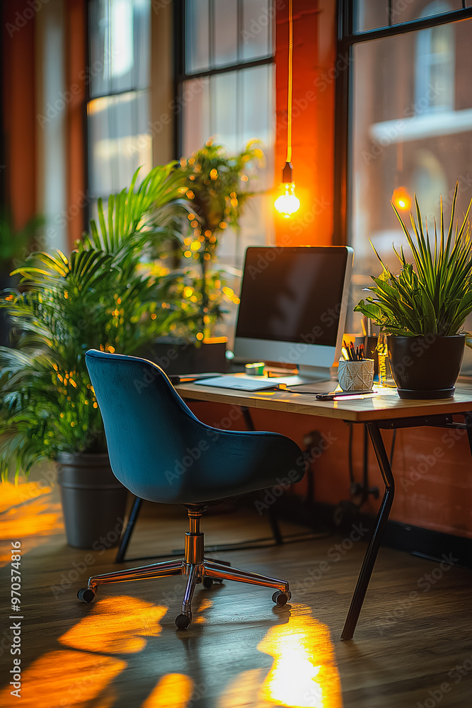 Poster a desk with a computer monitor and a plant on it. the desk is in a room with a window and a lamp. th
