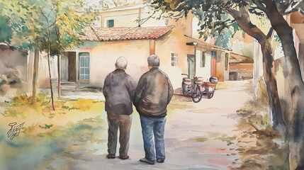 Obraz premium Two men share a moment of friendship in a serene village setting, surrounded by greenery and quaint homes in a warm watercolor scene.