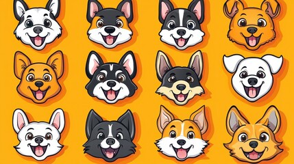 Fototapeta premium Cute Cartoon Dog Faces on Yellow Background