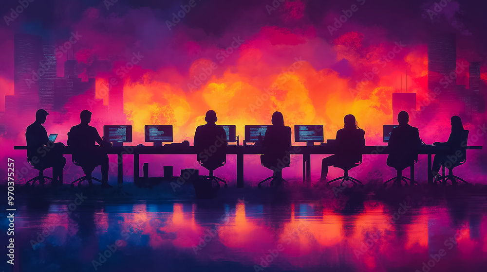 Poster a group of people are sitting at a table with computers in front of them. the room is filled with sm