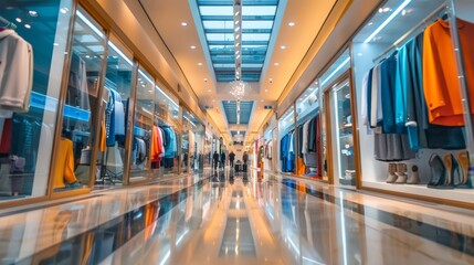 Colorful display of fashionable clothes on racks inside a modern shopping mall, perfect for retail promotions, stylish apparel marketing, and e-commerce campaigns highlighting trendy fashion collectio