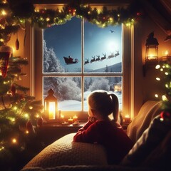 A child watching Santa Claus with a gift in a window during a snowy Christmas night