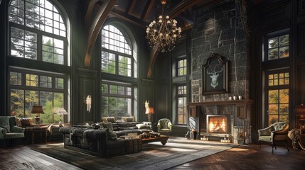 Fototapeta premium Grand classic style living room with dark green stone walls and fireplace AI generated image