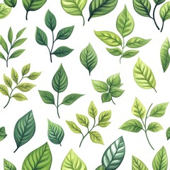 Seamless Natural Leaf Pattern with Fresh Foliage on Minimalist White Background