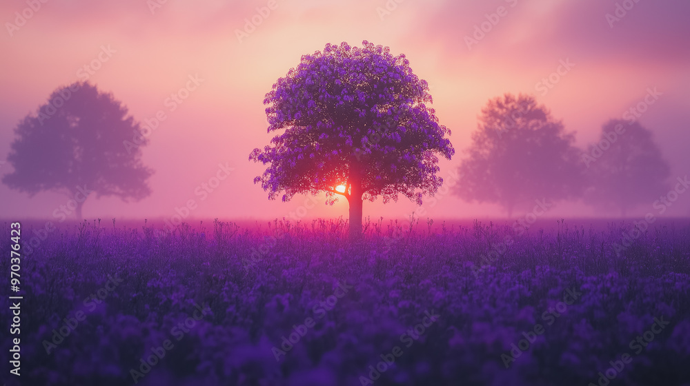 Poster a purple field with a tree in the middle and a sunset in the background
