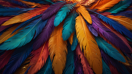Obraz premium Abstract composition of vibrant, colorful feathers arranged in a circular motion