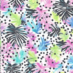 Watercolor Tropical Leaves and Polka Dots Seamless Pattern