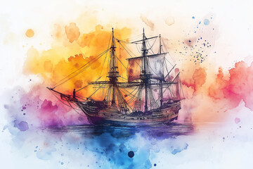 Watercolor Colorful Illustration Artwork background of an old sailing ship in a stormy sea