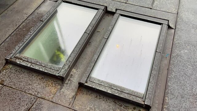 Windows in Mansard roof house, architecture of old European city.