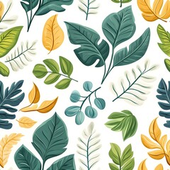 Vibrant Seamless Pattern of Diverse Fresh Natural Leaves on White Background