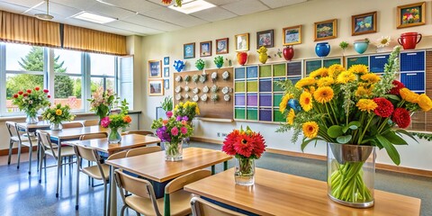 Fototapeta premium A tranquil American classroom features a lush bouquet of fresh flowers, complementing a wall of awards honoring dedicated educators in a peaceful learning environment.