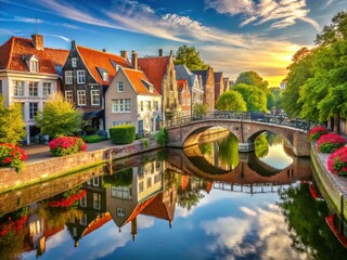 Fototapeta premium A tranquil canal ring features historic merchant houses, ornate bridges, and lush greenery, set against a backdrop of red-tiled rooftops and serene blue skies.