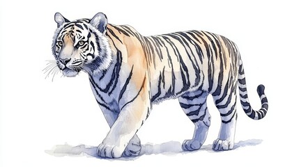 Naklejka premium Wildlife Tiger, ink drawing isolated on white background, sharp black lines and minimal detailing to emphasize striking stripes and piercing eyes of this big cat