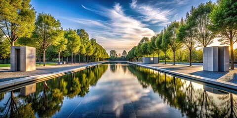 Fototapeta premium A tranquil atmosphere envelops the solemn monument, where two imposing reflecting pools mirror the sky amidst a forest of white oak trees and intricate steel latticework.