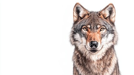 Fototapeta premium Wildlife Wolf, realism drawing isolated on white background, fine detailing and natural colors, focusing on intense gaze and sleek fur, capturing wild essence of this predator