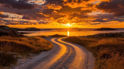Golden Sunset Over Coastal Road  Dramatic Sky  Ocean View