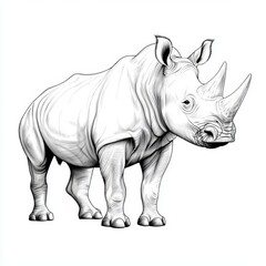 Obraz premium Dziki nosorożec, styl akwaforty na białym tle, cienkie linie z techniką krzyżowego szrafowania, podkreślające szorstką fakturę skóry i imponującą postawę