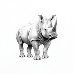 Fototapeta premium Wildlife Rhinoceros, etching style isolated on white background, fine lines with cross-hatching techniques, highlighting rugged skin texture and imposing stance