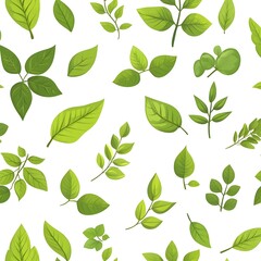 Fototapeta premium Seamless natural pattern with various fresh green leaves on clean white backdrop