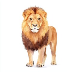 Obraz premium Wildlife Lion, watercolor style isolated on white background, warm, rich tones with soft brushstrokes, conveying strength and grace of this powerful predator