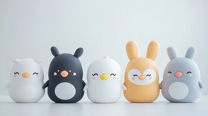 Obraz premium Cute Cartoon Animal Friends Penguin Bunny White Background