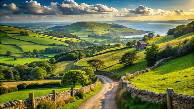 A tranquil scene in Dorset, England, unfolds with a meandering path, rustic stone walls, and vibrant foliage, all set against a backdrop of gentle hills and distant sea.
