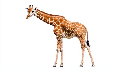 Naklejka premium Wildlife Giraffe, digital art isolated on white background, vibrant colors and semi-realistic style, highlighting unique patterns and elongated form of this gentle giant